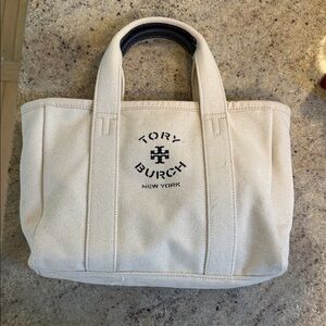 Tory Burch Ivory Canvas Tote with Black Logo